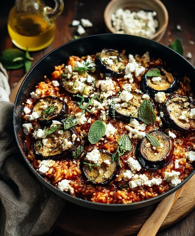 Aubergin extract extracten Reispfanne mit Feta