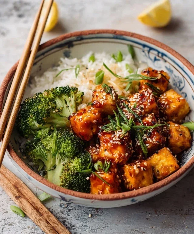 Tofu po koreańsku z ryżem i brokułami