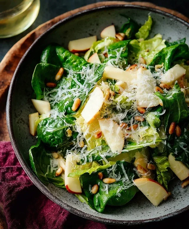 Feldsalat mit Apfeln Parmesan Pinienkernen