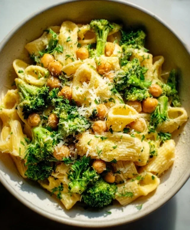 Broccoli Chickpea Pasta with Garlic Olive Oil