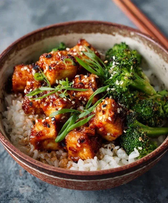 Tofu po koreańsku z ryżem i brokułami