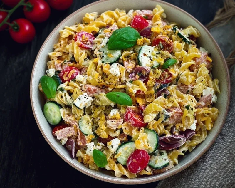 Crispy Pasta Salat mit Feta & Gemüse