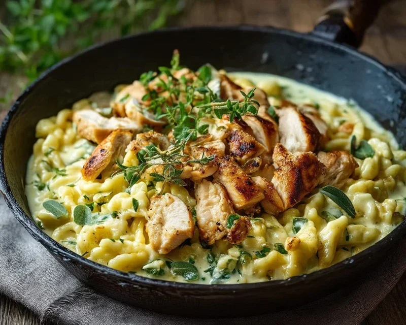 Spaetzle Pfanne Mit Haehnchen In Baerlauchrahm