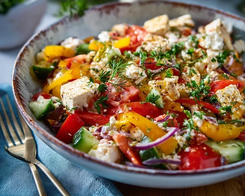 Mediterraner Reissalat mit Feta, Gurken und Paprika