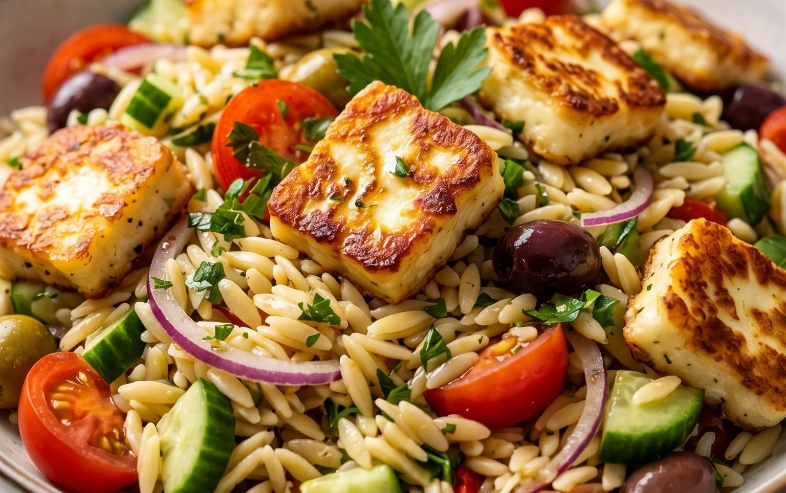 Kritharaki-Salat mit Halloumi-Croutons