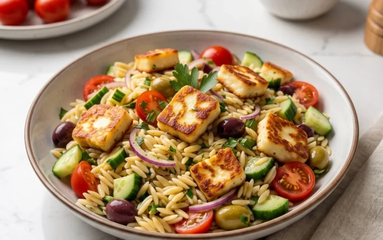 Kritharaki-Salat mit Halloumi-Croutons