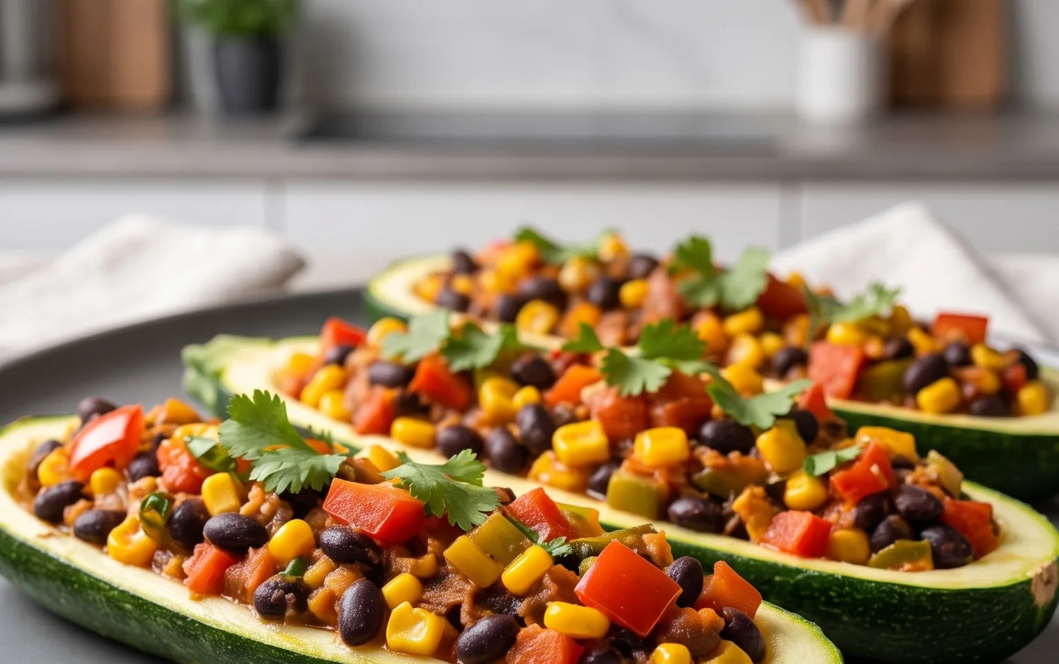 Gefüllte Zucchini-Schiffchen nach mexikanischer Art (Low Carb, Vegan)