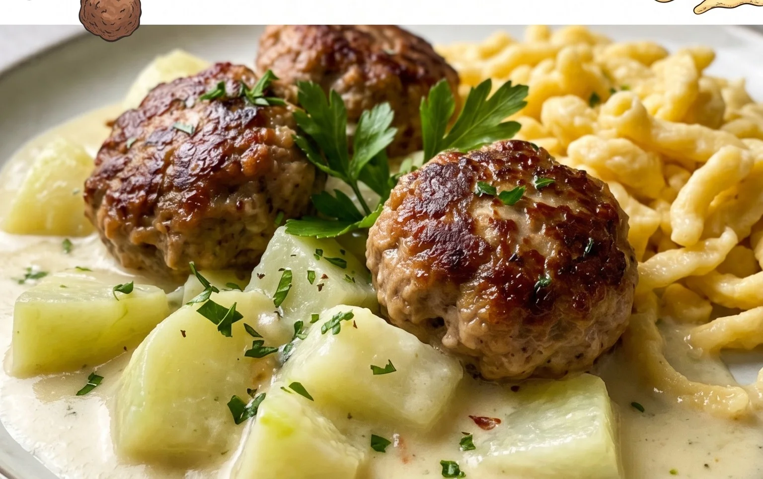 Kohlrabigemüse in heller Soße mit Frikadellen und Spätzle