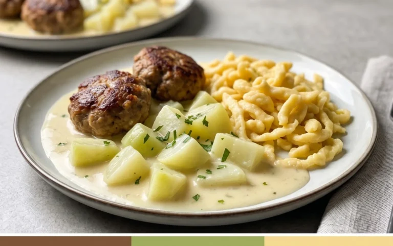 Kohlrabigemüse in heller Soße mit Frikadellen und Spätzle