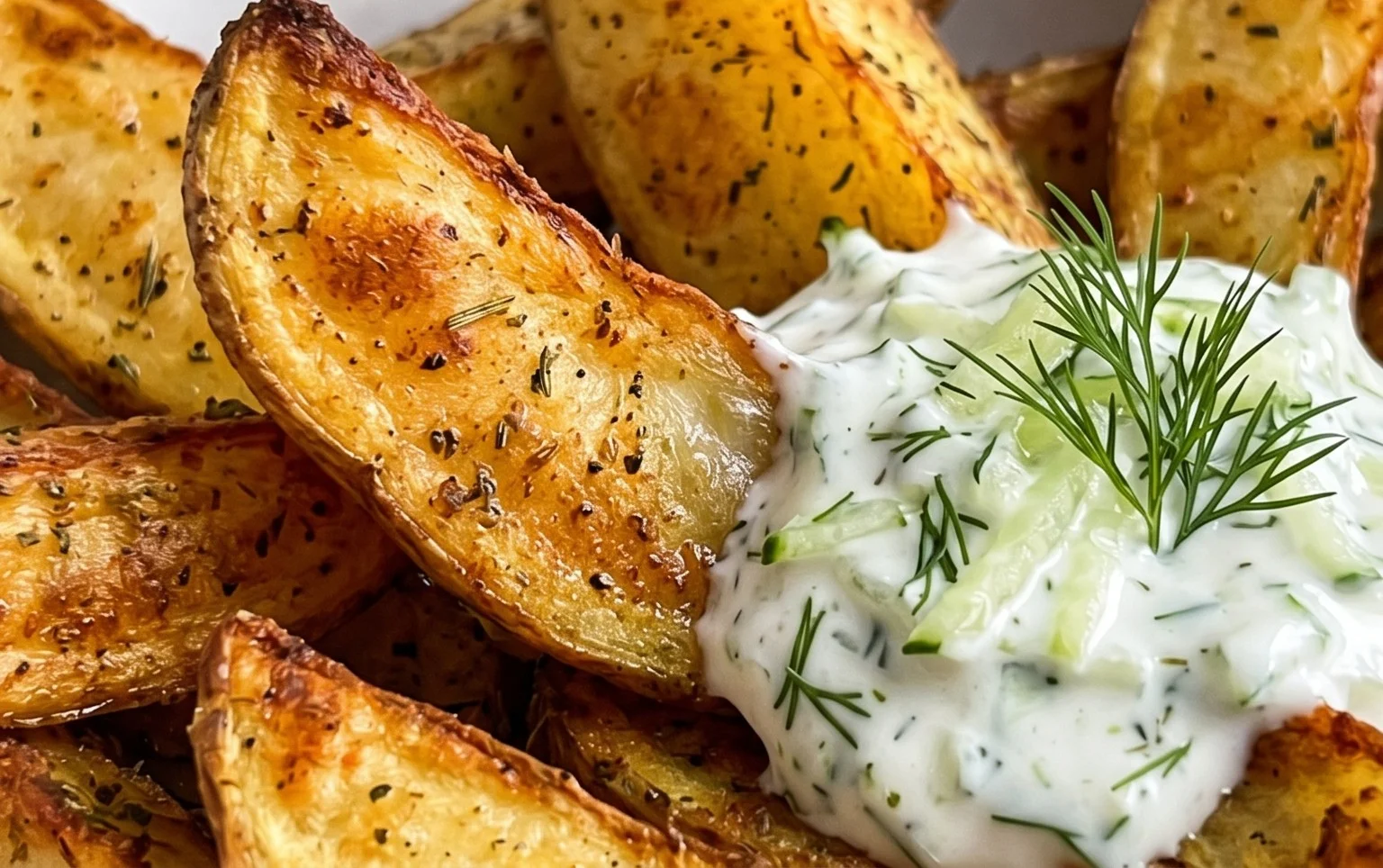 Kartoffelspalten mit Gurkendip
