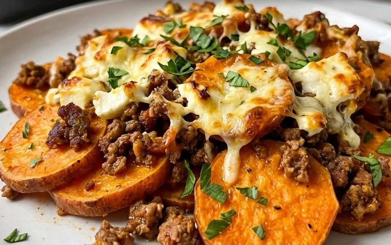 Süßkartoffel-Hackfleisch-Auflauf mit Feta