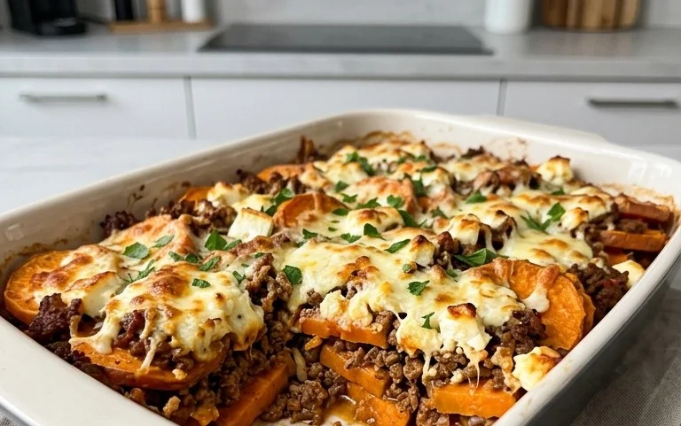 Süßkartoffel-Hackfleisch-Auflauf mit Feta