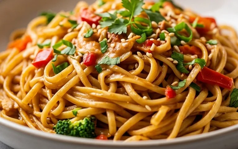 Mie Nudeln mit Erdnusssauce und Gemüse