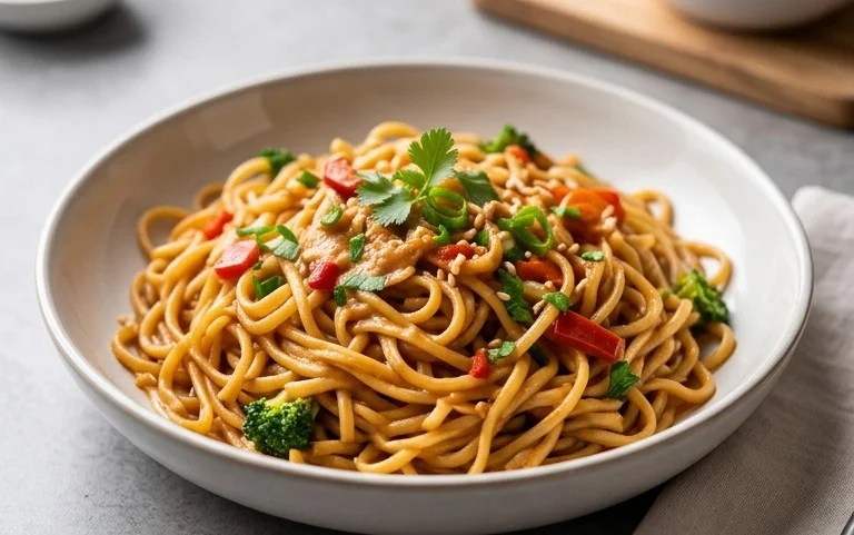 Mie Nudeln mit Erdnusssauce und Gemüse