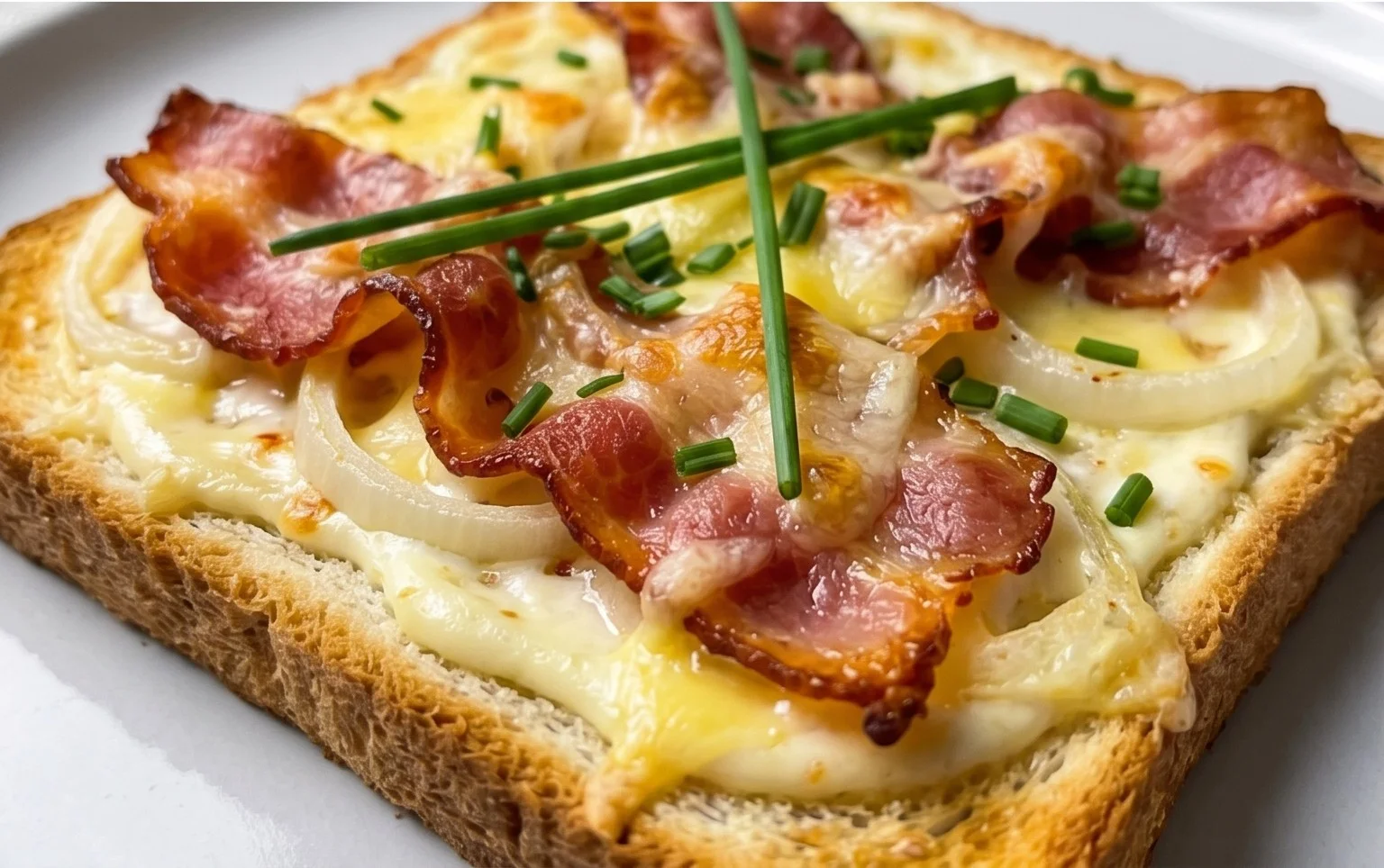 Flammkuchen Toast mit Speck und Zwiebeln