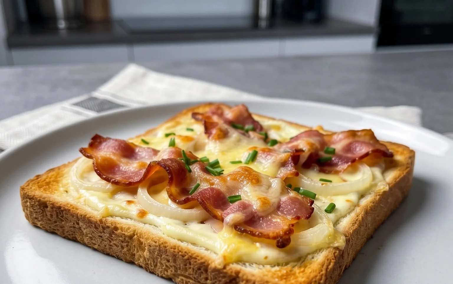 Flammkuchen Toast mit Speck und Zwiebeln