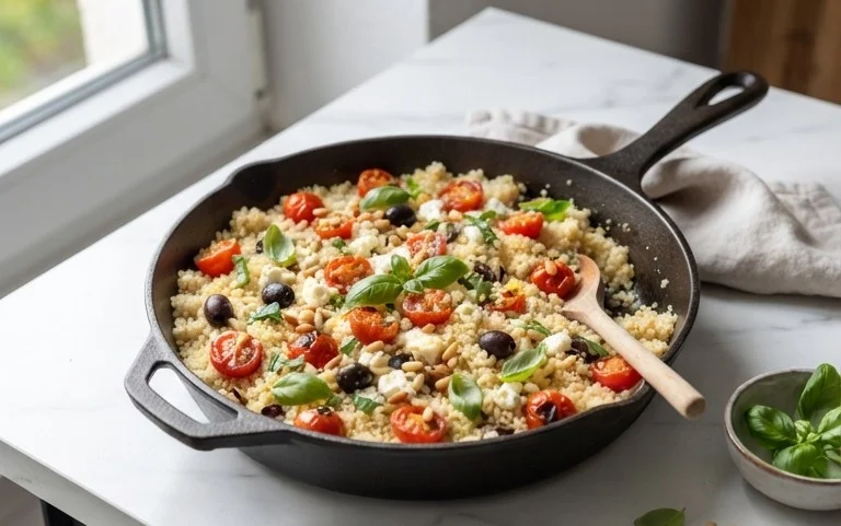 Healthy One-Pan Couscous With Garlic, Tomatoes And Basil