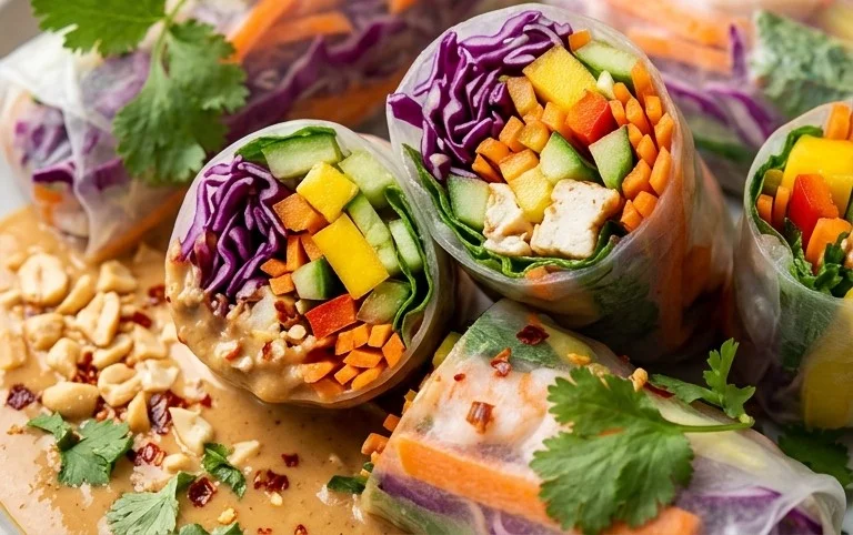 Rainbow Spring Rolls with Gin Extractger Peanut Sauce