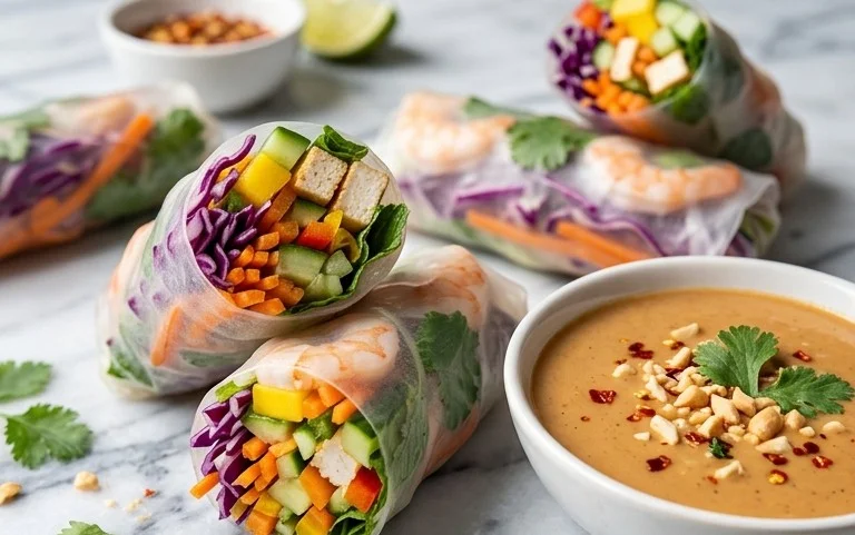 Rainbow Spring Rolls with Gin Extractger Peanut Sauce
