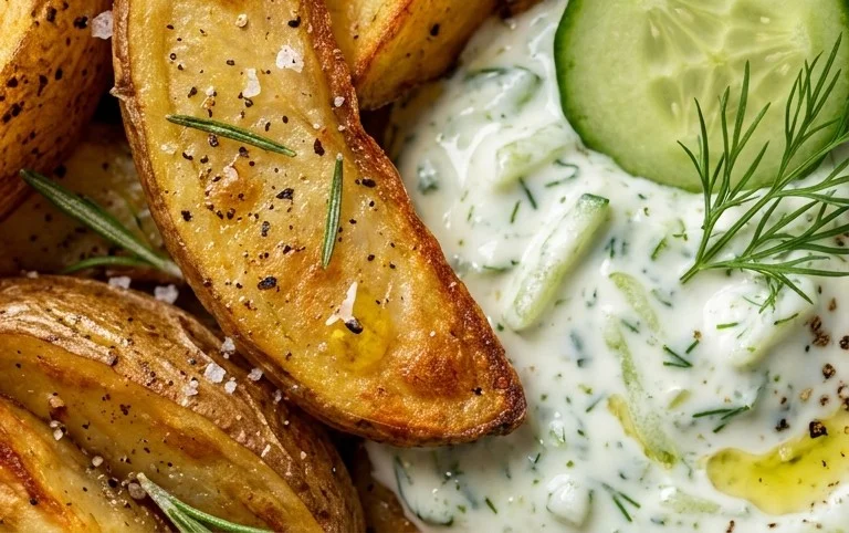 Kartoffelspalten mit Gurkendip