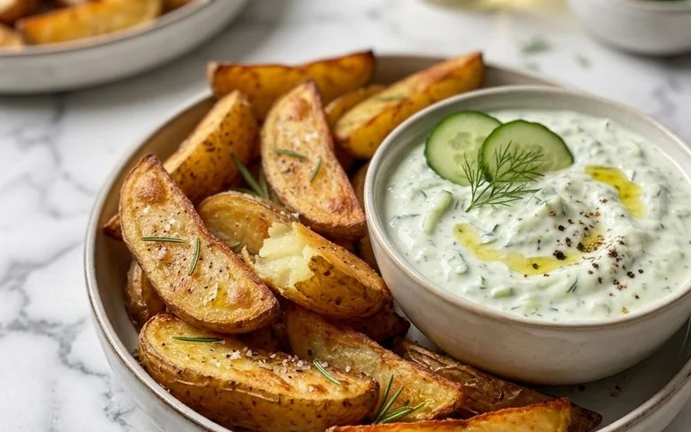 Kartoffelspalten mit Gurkendip