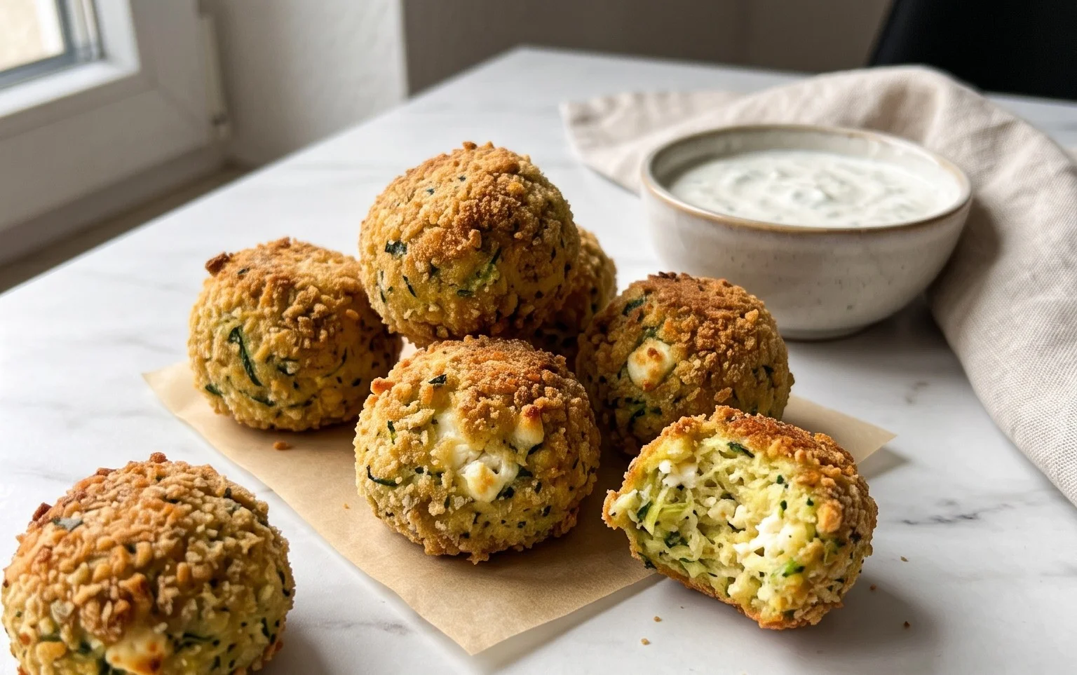 Knusprige Zucchini-Feta-Bällchen aus dem Ofen genießen!