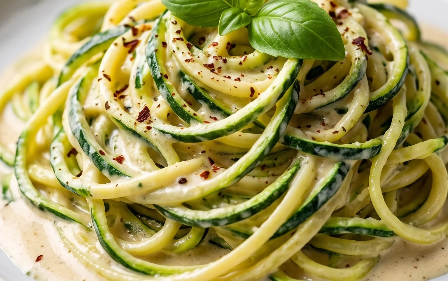 Zucchini-Spaghetti in cremiger Sauce– Zoodles