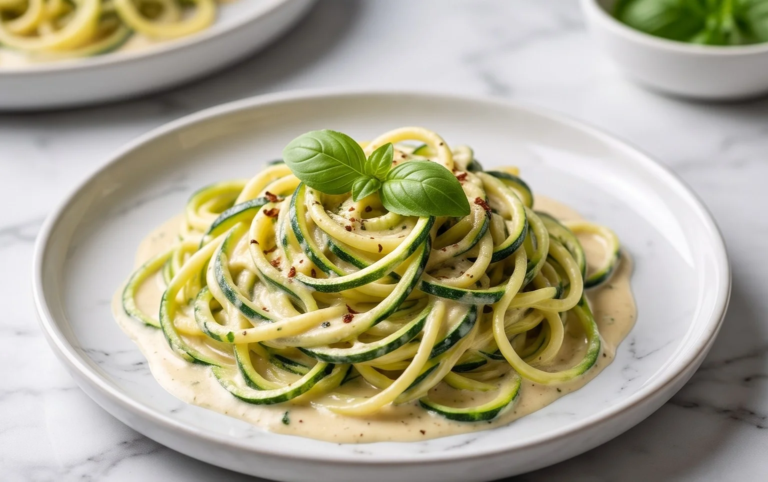 Zucchini-Spaghetti in cremiger Sauce– Zoodles