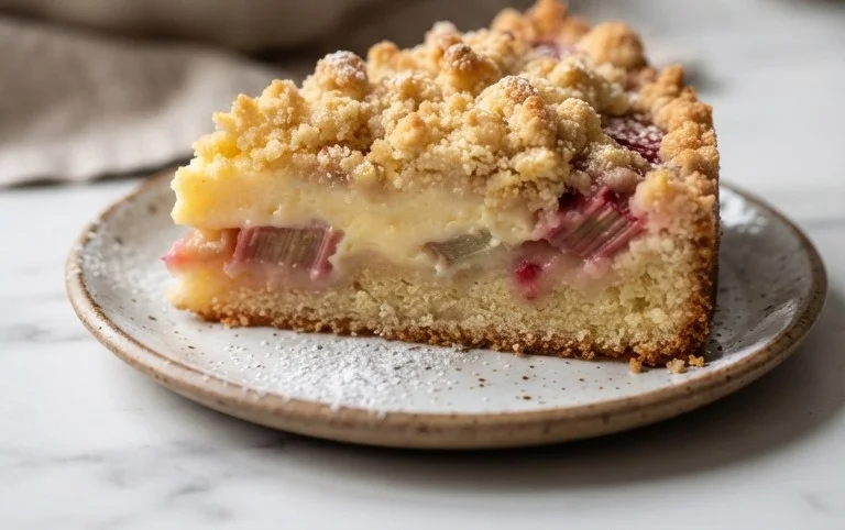 Rhabarberkuchen mit Pudding und Streuseln – wie von Oma