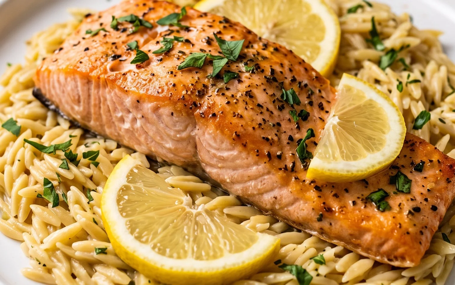 One Skillet Salmon with Lemon Orzo