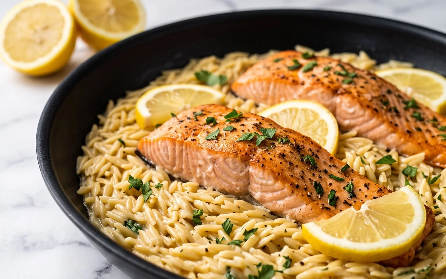 One Skillet Salmon with Lemon Orzo