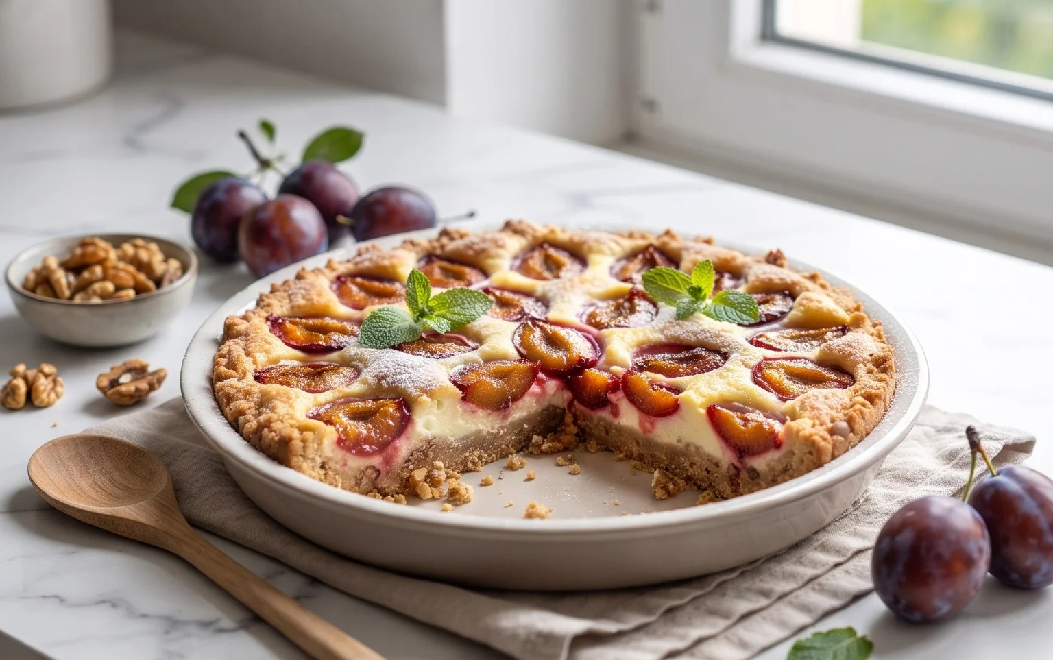Zwetschgen-Topfenkuchen mit Nuss-Mürbteig